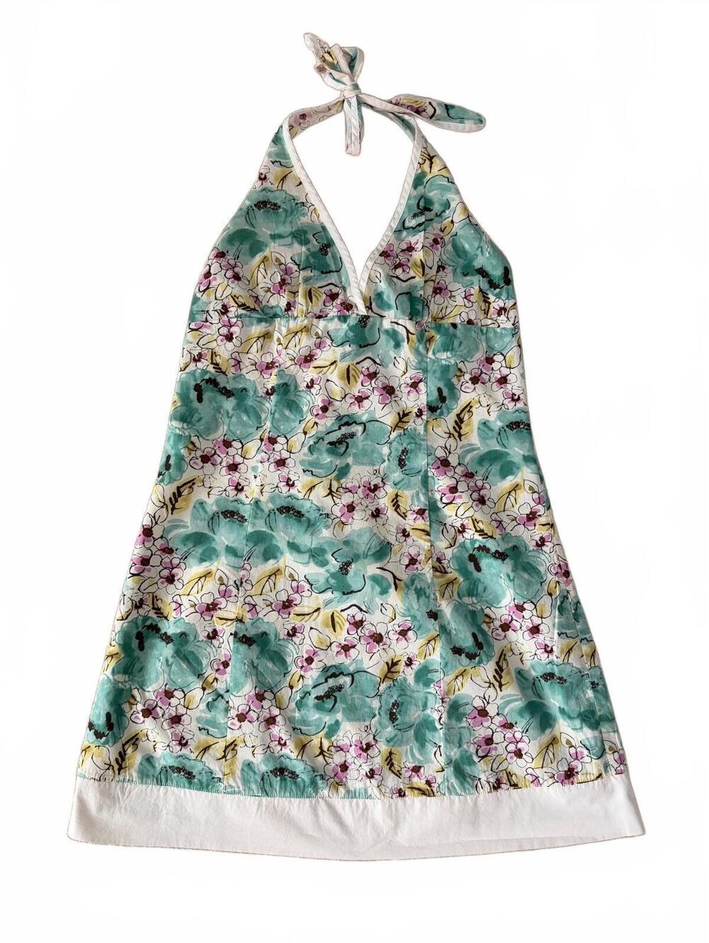 Vtg Charlotte Russe Sundress Womens Size L Green Floral Halter Tie Neck Knee